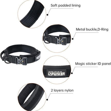 EXCELLENT ELITE SPANKER Tactical Dog Collar Nylon Adjustable Training Collar Military Dog Collar Heavy Duty Metal Buckle with Control Handle for Medium and Large Dogs with Patchese(Black-M)