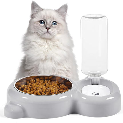 Dog Bowls, Cat Food and Water Bowl Set with Water Dispenser and Stainless Steel Bowl for Cats and Small Dogs - Grey