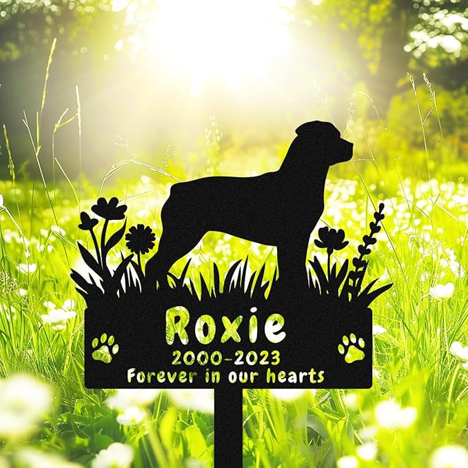 Personalized Dog Rottweiler Memorial Grave Marker Metal Garden Stake, Custom Flowers Rottweiler Memorial Stake Grave Marker Plaque Tombstone for Cemetery Outdoors Dog Memorial Gifts