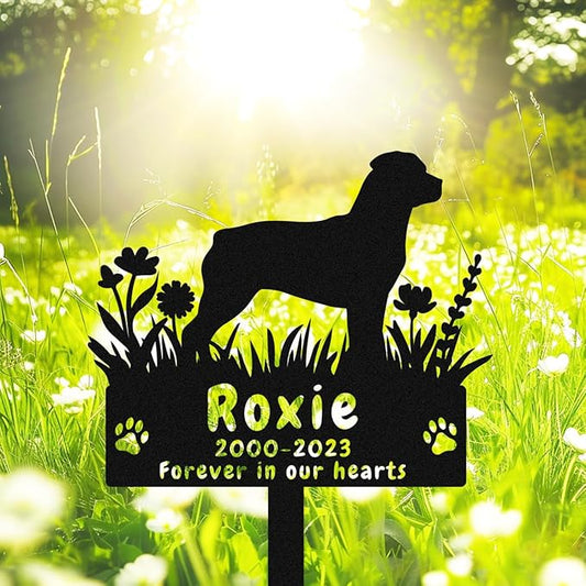 Personalized Dog Rottweiler Memorial Grave Marker Metal Garden Stake, Custom Flowers Rottweiler Memorial Stake Grave Marker Plaque Tombstone for Cemetery Outdoors Dog Memorial Gifts