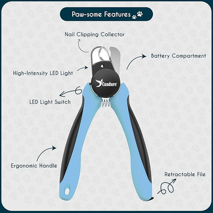 Candure LED Dog Nail Clippers with Light - Pet Nail Clippers with Light for Dogs & Cats, Sharp Stainless Steel Blades for Thick Nails, Safe Grooming Trimmer with Nail File (Sky Blue)