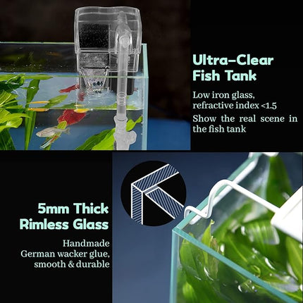 Rimless Glass Aquarium Starter Kit (3 Gal), Ultra Clear Low Iron Glass Fish Tank Set, Small Beta Fish Tank & Filter with Surface Skimmer & 3-Mode LED Light