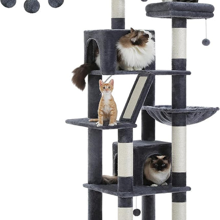 PAWZ Road 70 Inch Cat Tower, Tall Cat Tree with 2 Cozy Condos, 2 Plush Perch, Large Basket, 2 Scraching Pad & 6 Scraching Posts for Indoor Cats Large Adult, Dark Gray