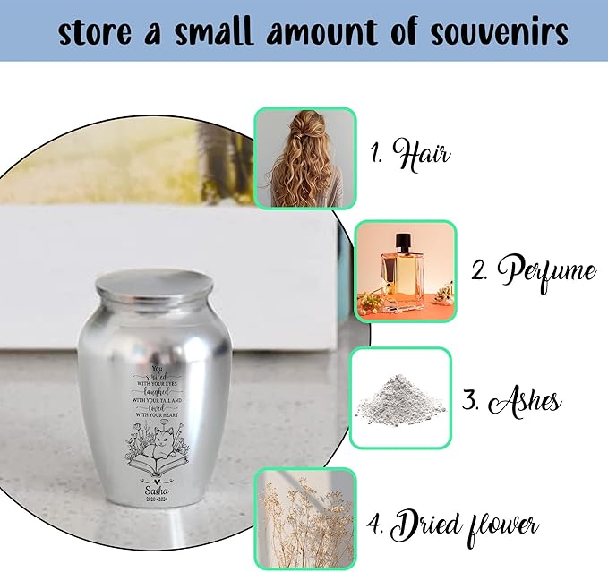 Artsy Woodsy Personalized Pet Memorial Mini Urns - Stainless Steel Decorative Keepsake Urns for Ashes, 2.56 inch, Gifts for Cat Lovers in Loving Memory