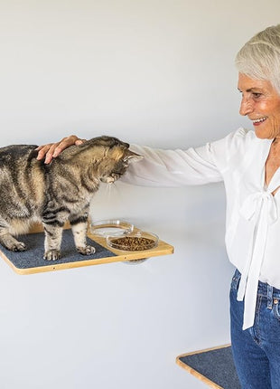 Cat Wall Shelves – Cat Wall Climber with Scratching Post, Removable Bed, Climbing Steps, and Feeding Terrace with Glass Bowls, Waterproof Rubberwood Pet Furniture