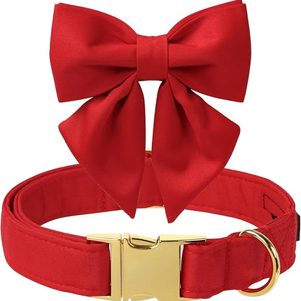 Maca Bates Red Dog Collar with Cute Solid Sailor Bow Tie for Medium Girl Boy Dogs,Girly Adjustbale Durable Breakaway Soft Collars with Bowtie for Female Male Puppy,Pet with Metal Buckle