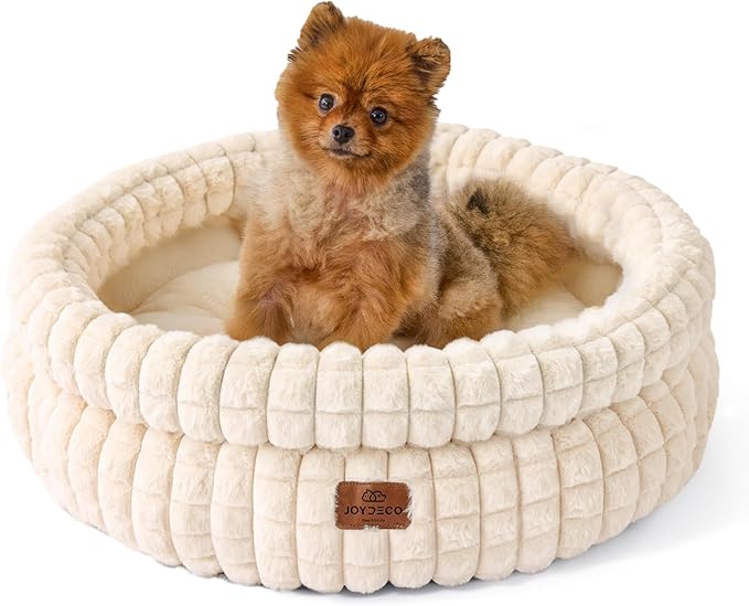 Joydeco Beige Cat Bed Kitten Bed, Washable Round Cat Beds for Indoor Cats, Ultra Soft Plush Pet Bed for Puppy and Kitten with Anti-Slip, Medium