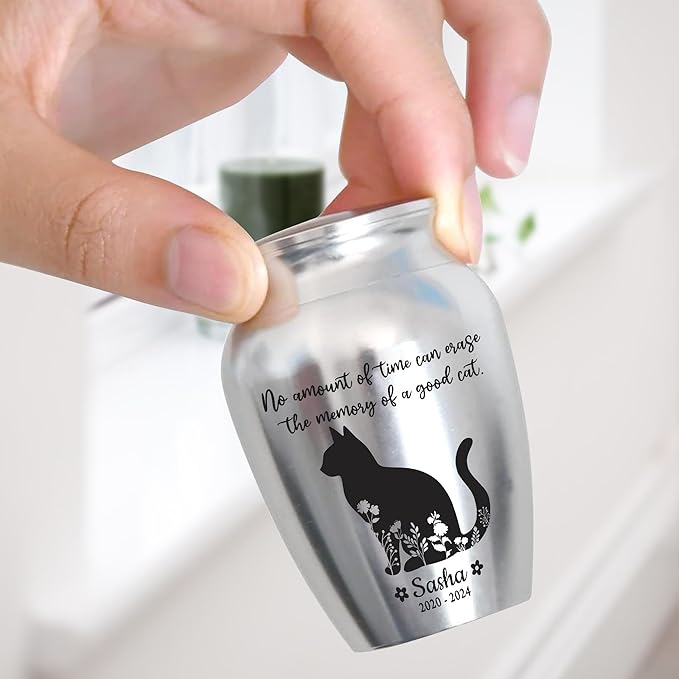 Artsy Woodsy Personalized Pet Memorial Mini Urns - Stainless Steel Decorative Keepsake Urns for Ashes, 2.56 inch, Gifts for Cat Lovers in Loving Memory