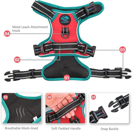 PHOEPET 2019 Upgraded No Pull Dog Harness,3M Reflective Adjustable Vest, with a Training Handle + 2 Metal Leash Hooks+ 3 Snap Buckles +4 Slide Buckles(M, Red)