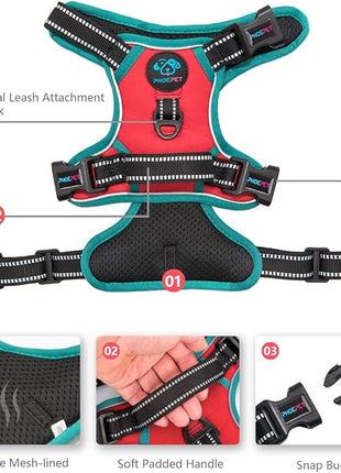 PHOEPET 2019 Reflective Dog Harness Large Breed Adjustable No Pull Vest with with Handle 2 Metal Rings 3 Buckles [Easy to Put on & Take Off](L, Red)