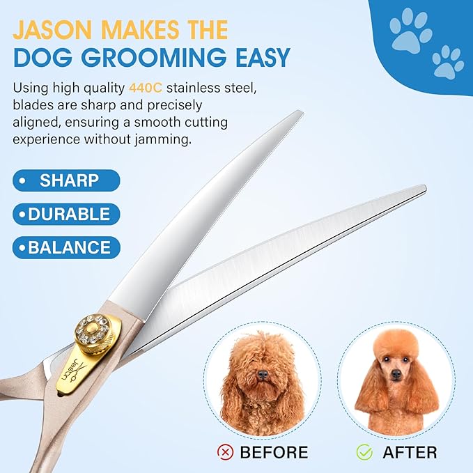 JASON 7.5" Dog Grooming Scissors - Professional Curved Shear with Ergonomic Handle Japanese 440C Stainless Steel Pet Scissor with Diamond Screw for Dogs, Cats and Other Animals