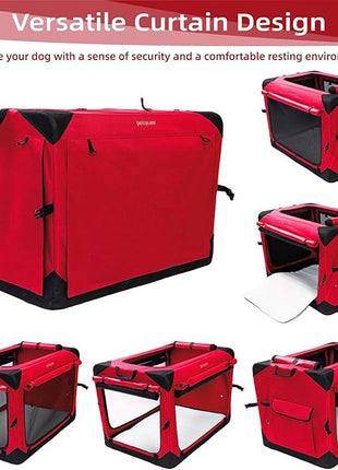Pettycare 42 Inch Collapsible Dog Crate with Curtains Travel Dog Crate for Airflow and Calm Soft Pet Kennel with Portable Bag and More Chew Proof Mesh Indoor & Outdoor Red 4 Door Curtains