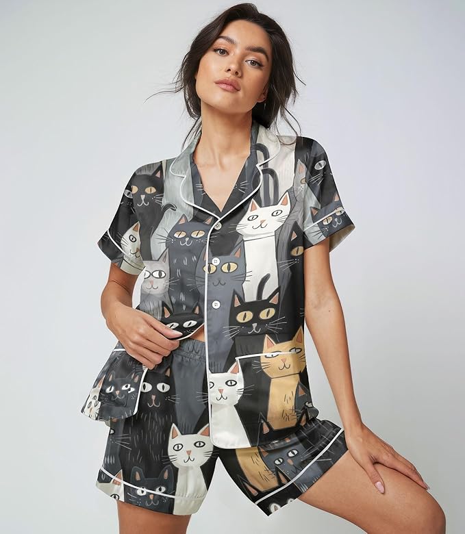 Women’s Silk Satin Pajama Set, Short Sleeve Button Down 2 Piece PJs with Shorts, Cozy Loungewear & Matching Holiday Pajamas