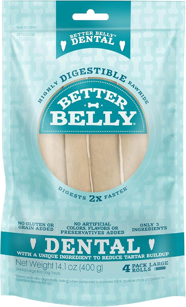 Better Belly Highly Digestible Rawhide Dental Chews, Treat Your Dog to a Chew with NO Artificial Colors or Flavors 4 Count (Pack of 1)