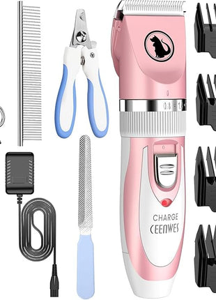 Ceenwes Low Noise Cat & Dog Clippers - Rechargeable Cordless Pet Grooming Tool with Comb Guides, Scissors & Nail Kits for Cats, Dogs & Other Pets (Pink)