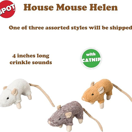 SPOT House Mouse Helen Cat Toy with Catnip – Lifelike Plush Mouse, Crinkle Sound, 4in Small Size for Kittens and Cats, Batting, Chasing, Playing – Assorted Colors