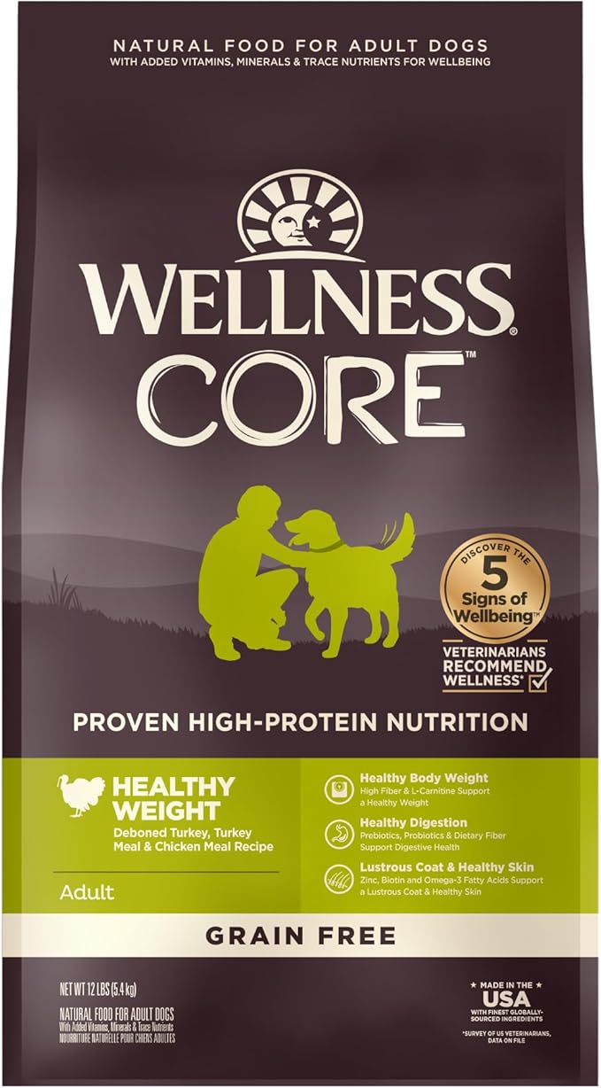 Wellness CORE Dry Dog Food, Grain-Free, High Protein, Natural, Healthy Weight Turkey & Chicken Recipe, (12-Pound Bag)