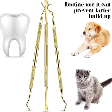Hotop 3 Pieces Dog Dental Tooth Scaler and Scraper Stainless Double Headed Tarter Removing Tool Scraper Pet Teeth Cleaning Tools for Dog and Cat(Gold)