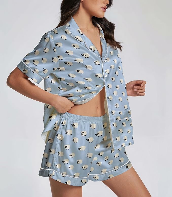 Women’s Silk Satin Pajama Set, Short Sleeve Button Down 2 Piece PJs with Shorts, Cozy Loungewear & Matching Holiday Pajamas
