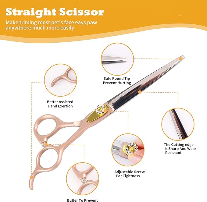 7 Inch Professional Dog Grooming Scissors Kit, 6-in-1 Grooming Scissors for Dogs, Pet Grooming Shears Set, Straight Scissor & Thinning Shear & Curved Scissor & Chunker Shear (Rose Gold)