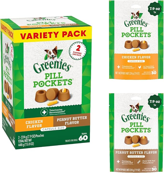 Greenies Pill Pockets for Dogs Large Size, Soft Dog Treats, 15.8 oz. Pouch Variety Pack, Two Flavors (60 Treats)