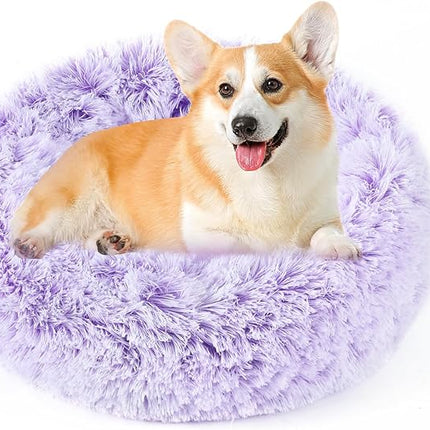 NOYAL Calming Donut Dog Bed for Small to Medium Dogs & Cats - Plush Faux Fur Anti-Anxiety Pet Bed with Machine Washable Cover & Non-Slip Base