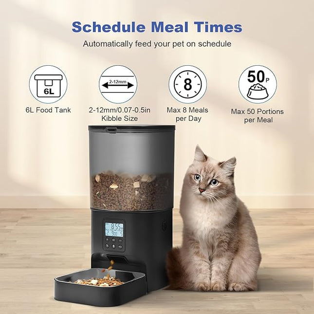 Automatic Cat Feeder, Cat Food Dispenser with 10s Voice Recorder, Pet Feeder up to 8 Meals per Day, Timed Feeder with Dry Food Sealed Ring (Black, 6L)