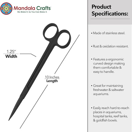 Mandala Crafts 10 Inches Black Stainless Steel Straight Aquarium Scissors for Trimming Aquatic Plants – Long Aquascape Scissors for Fish Tanks, Hospital Tanks, Goldfish Bowls, and Terrariums