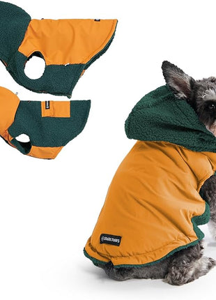 Spark Paws Reversible Fleece Dog Jacket, Hooded Sweater Vest, Warm Coat for Winter - Suitable for Small Medium Large XL XXL Dogs - Orange and Green - M