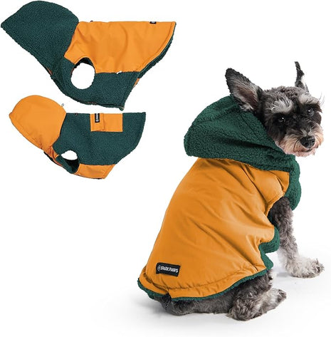 Spark Paws Reversible Fleece Dog Jacket, Hooded Sweater Vest, Warm Coat for Winter - Suitable for Small Medium Large XL XXL Dogs - Orange and Green - M