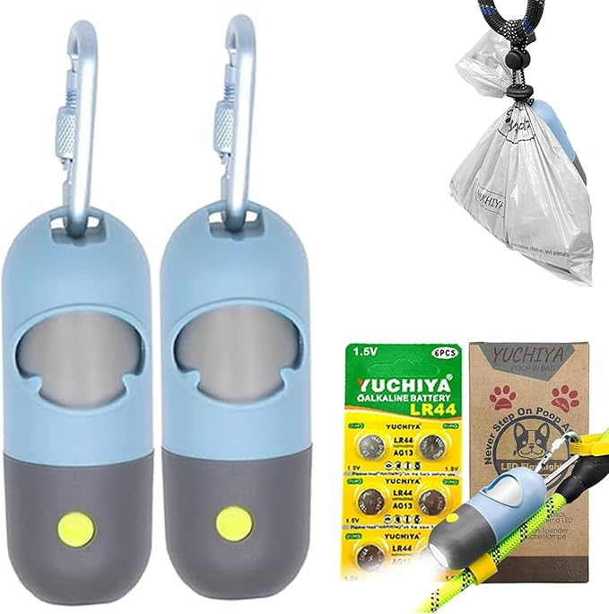 Dog Poop Bags Holder with LED Flashlight|Pet Waste Bags Dispenser for Leash|Doggie Potty Bags Container with Leak-proof Pet Trash Bags and Accessories (2 Holders 30 Bags, Sky Blue)