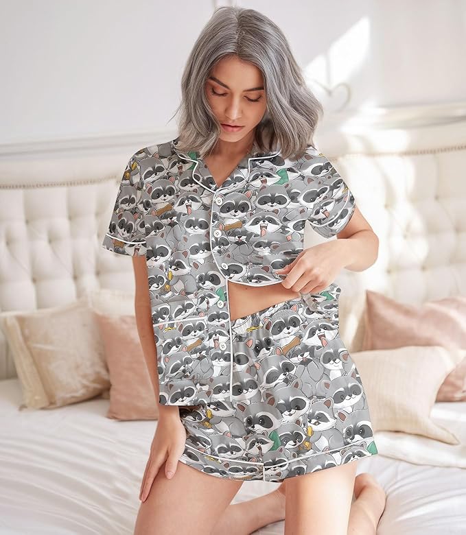 Women’s Silk Satin Pajama Set, Short Sleeve Button Down 2 Piece PJs with Shorts, Cozy Loungewear & Matching Holiday Pajamas