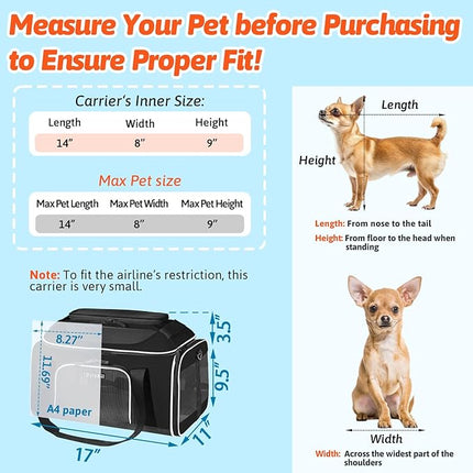 Petskd Top-Expandable Pet Carrier with Wheels 17x11x9.5 Inches Alaska Airline Approved, Soft-Sided Carrier for Small Cats Dogs with Locking Safety Zippers and Anti-Scratch Mesh(Black)