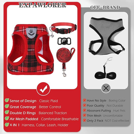 EXPAWLORER Classic Plaid Puppy Harness - Small Dog Harness and Leash Set - Dog Collar and Leash Set with AirTag Holder, Soft Padded Step in Dog Vest Harness No Pull Reflective for Outdoor, Red XXS