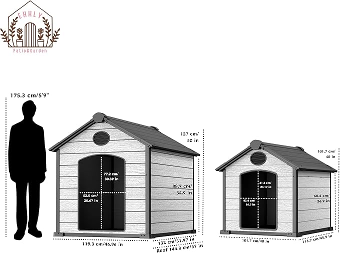 57" Extra Large Dog House Outdoor Weatherproof, 5XL Big Dog House for 3 Large Dogs Outside, Insulated Igloo Pet House with Elevated Floor, Extra Durable Resin Plastic, 57Lx47Wx50H, Cemented Grey