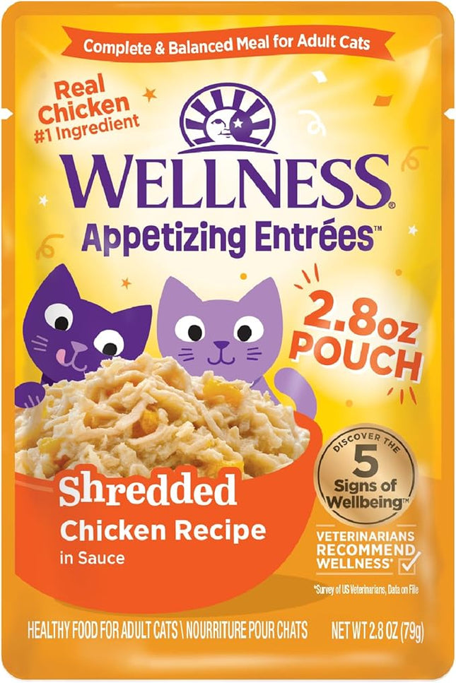 Wellness Appetizing Entrées Shredded Adult Wet Cat Food, Natural, Protein-Rich, Grain Free, 2.8 Ounce Pouch, 8 Pack (Chicken Recipe)