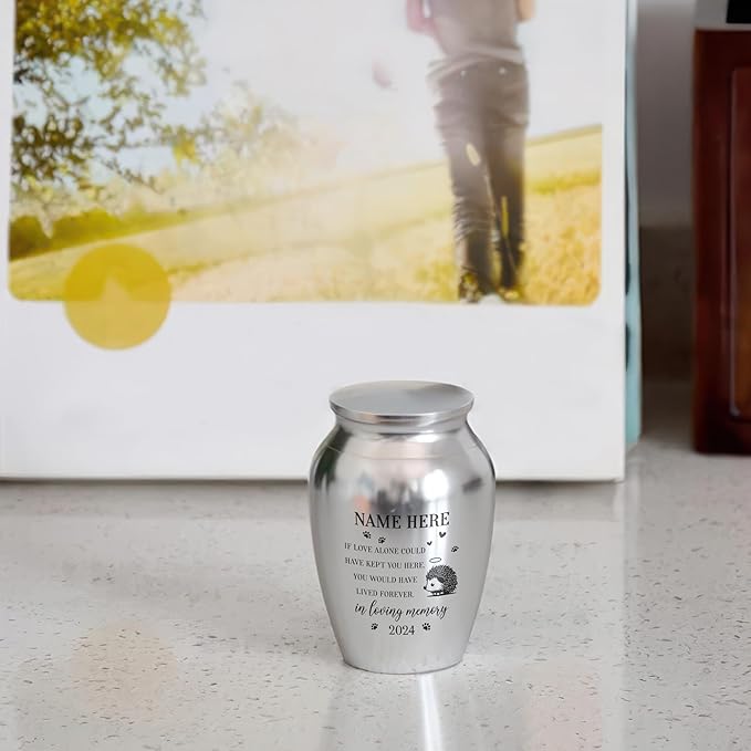 Artsy Woodsy Personalized Hedgehog Pet Memorial Cremation Mini Urn, Decorative Keepsake Small Urns for Ashes 2.56 inch, Remembrance Gifts for Pet Lovers in Loving Memory (02, 2.56x1.77)