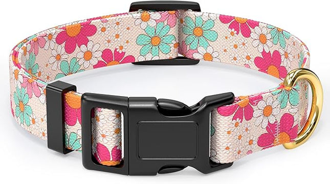Rnivvi Dog Collar for Large Dogs, Cute Heavy Duty Adjustable Puppy Collar with Quick Release Buckle for Girl & Female, Pet Accessories for Walking Running, L Length 1" Width, Hand Drawn Flowers