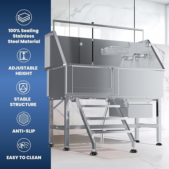 Dog Washing Station for Home,Professional 46" Stainless Steel Dog Bathing Station Height Adjustable Dog Wash Station Dog Grooming Tub Ramp, Drawer, Floor Grate & Fauct (Left Stair)
