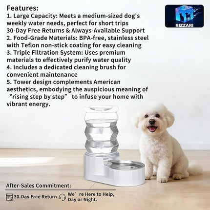 RIZZARI Automatic Gravity Pet Waterer: 6.5L White Stainless Steel Water Dispenser - Large Capacity with Triple Filter and Specialized Brush for Senior Dogs with Spinal Issues - for Living Room Bedroom