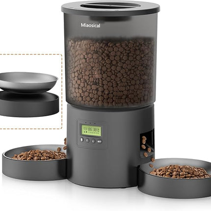 Automatic Cat Feeder for 2 Cats, 4.2L Dual Food Dispenser, Up to 6 Meals/Day, Portion Control, Voice Message, Dual Power Options (Transparent+Black, Dual Stainless Steel Bowls)
