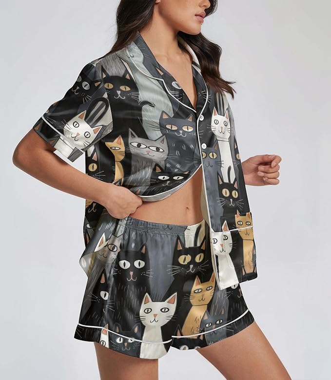 Women’s Silk Satin Pajama Set, Short Sleeve Button Down 2 Piece PJs with Shorts, Cozy Loungewear & Matching Holiday Pajamas