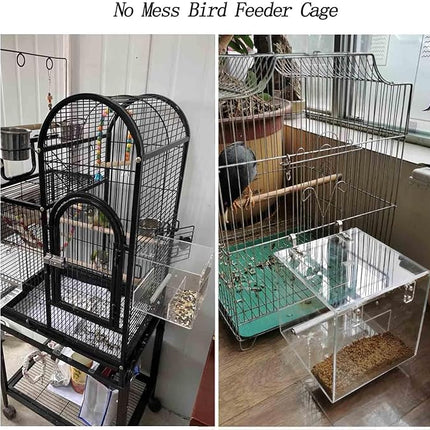 No Mess Bird Feeder for Cage, Automatic Acrylic Bird Feeder Seed Catcher Tray Cage with Stainless Steel Hooks for Small Parrots Canary Parakeet Budgerigar Crested Cockatiel Lovebird (Small)