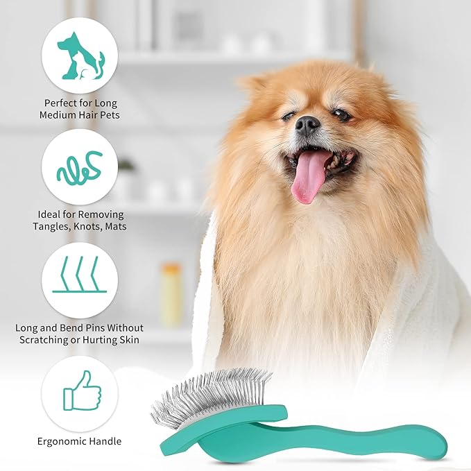 Slicker Brush for Dogs, Long Pin Dog Grooming Brush for Goldendoodles, Poodles, Doodles & More, Includes Bonus Pet Comb, Perfect for De-Shedding, Dematting & Reducing Tangles. Large, Green