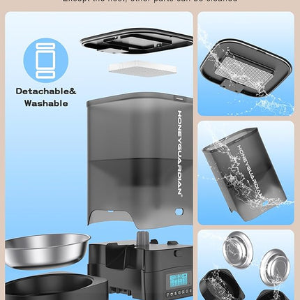HoneyGuaridan 3.5L Automatic Cat Feeder for Two Cats, Food Dispenser with Stainless Steel Bowl,Timed Cat Feeder Programmable 1-6 Meals Control, Dual Power Supply,10s Meal Call Black