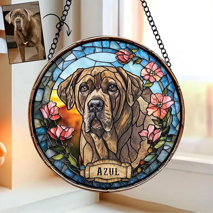 Custom Dog Portrait Stained Glass Window Hanging Light Catcher, Pet Memorial Stained Glass Photo, Dog Memorial Gift Pet Loss Gift