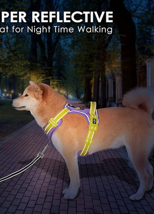 PHOEPET No Pull Dog Harness, Unique Colors Reflective Adjustable Dog Vest, with Soft Training Handle Metal Clips for Small Medium Large Dogs (Baby Purple Base & Yellow Straps,XL)