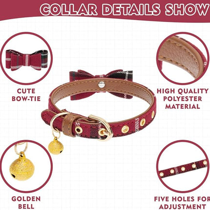 EXPAWLORER Dog Collar and Leash Set - Classic Plaid Dog Bow Tie and Dog Bandana Collar with Bell, Dog Leash Tangle Free, Adjustable Collars for Small Medium Large Dogs Cats, Holiday Ideal Gift