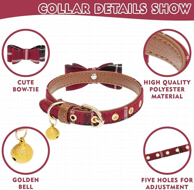 EXPAWLORER Dog Collar and Leash Set - Classic Plaid Dog Bow Tie and Dog Bandana Collar with Bell, Dog Leash Tangle Free, Adjustable Collars for Small Medium Large Dogs Cats, Holiday Ideal Gift