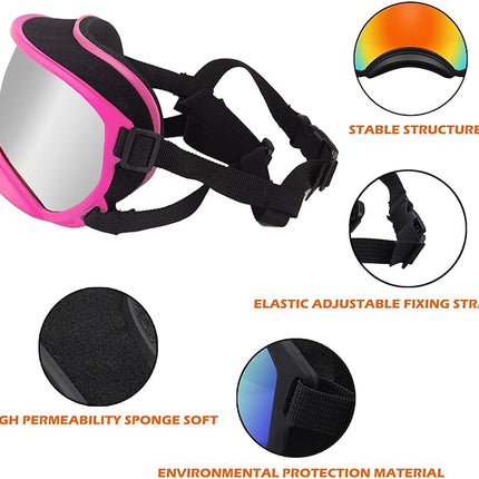 Large Dog Sunglasses with Adjustable Strap UV Protection, Winproof Puppy Sunglasses, Suitable for Medium-Large Pet Glasses, Dogs Eyes Soft Goggles, PinkSilver, (YD-23032706)